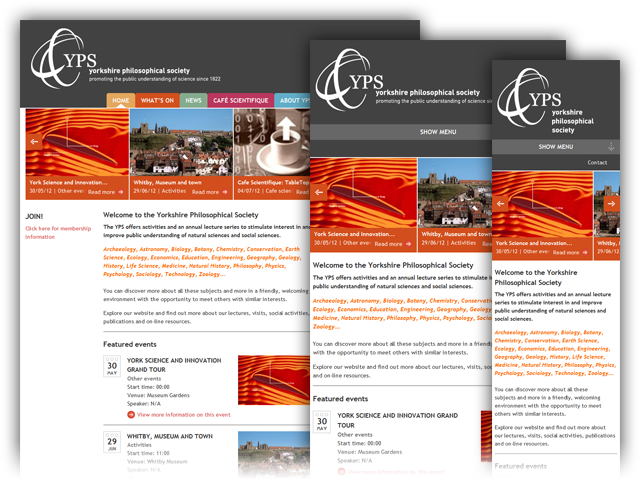 The Yorkshire Philosophical Society website uses responsive web design techniques to adapt to any screen size