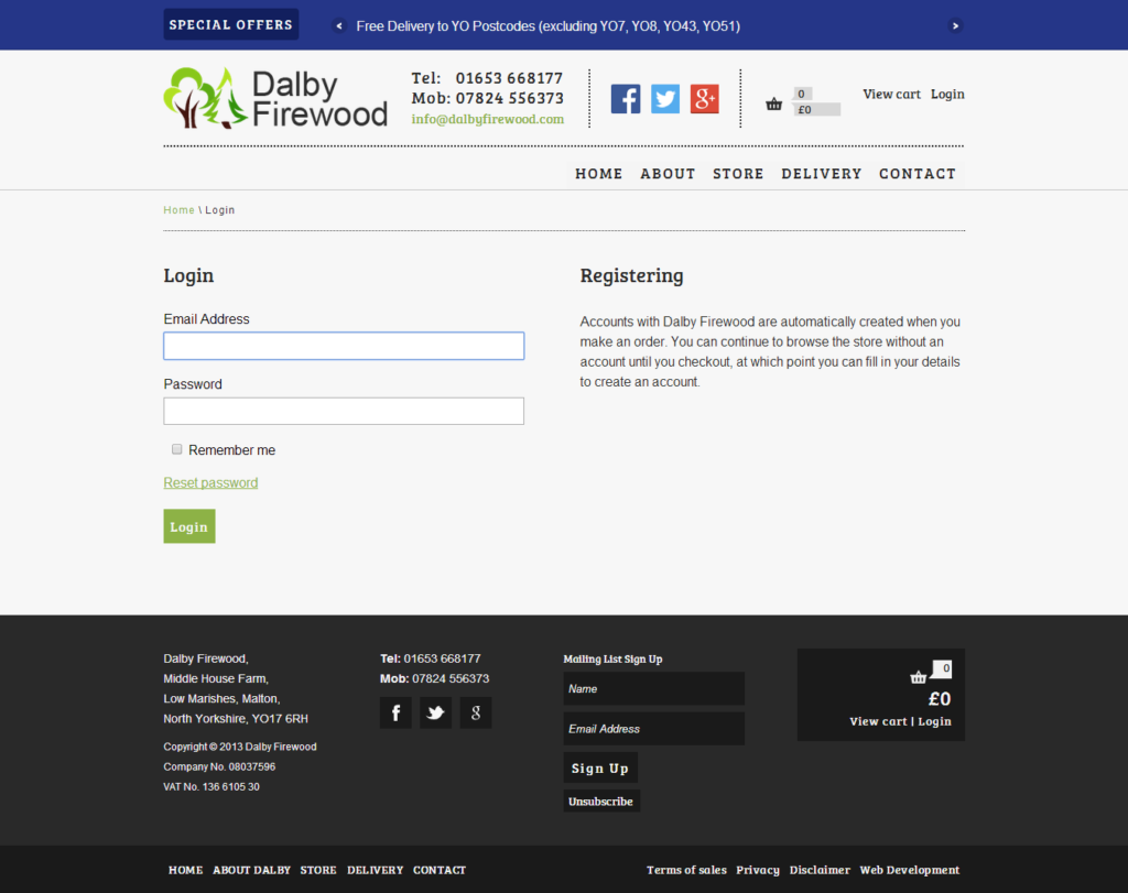 User log-in page on dalbyfirewood.com