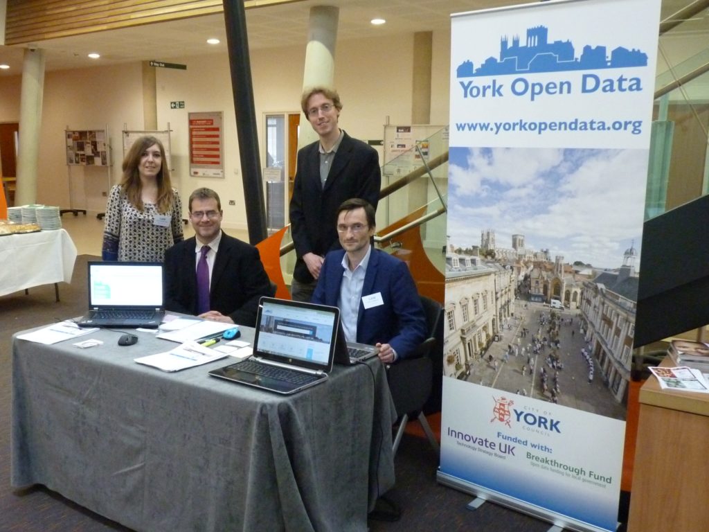 Jim and Richard with Claudia Rodriguez-Nuno and Thomas Kozakiewicz on the York Open Data stand at the LARIA conference