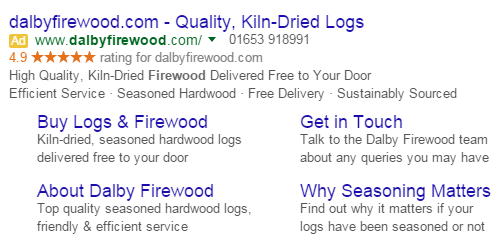 An example of a Google AdWords advert for Dalby Firewood.