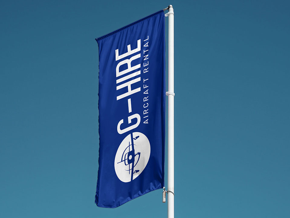 An example of high end logo design visualised on a flag