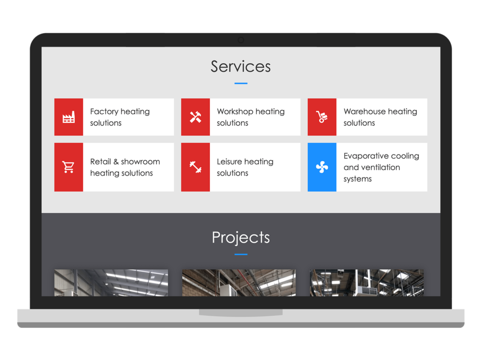 An example of a high-end website design for the industrial sector visualised on a desktop device