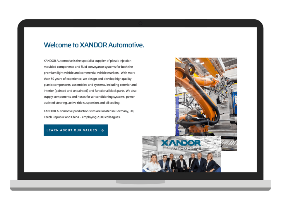 An example of high-end website design for a manufacturing company visualised on a laptop device