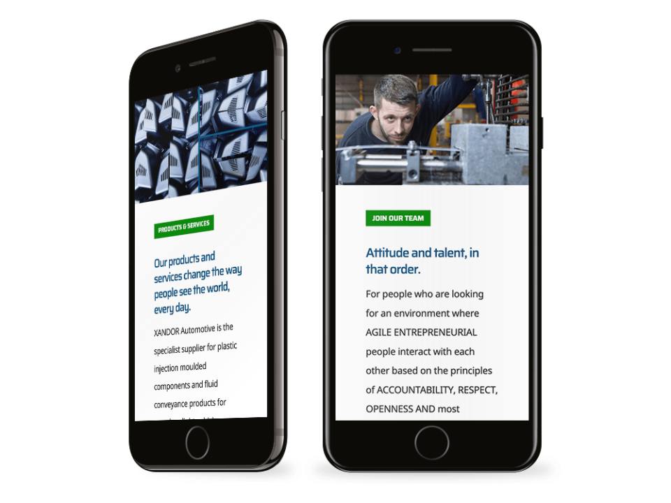 An example of high-end website design for a manufacturing company visualised on a mobile device