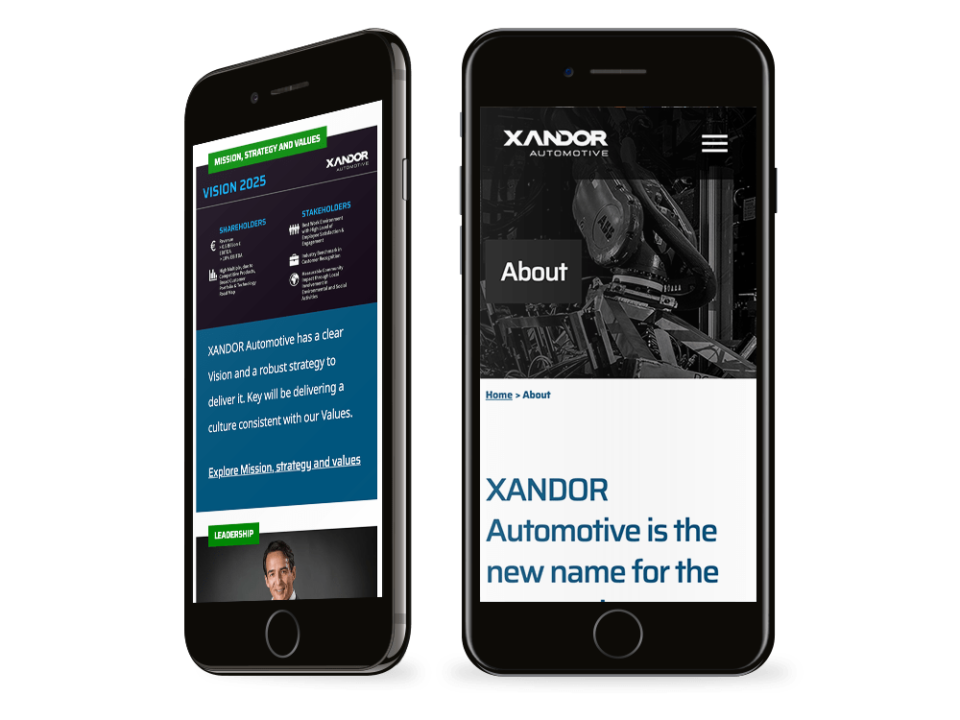 An example of high-end website design for a manufacturing company visualised on a mobile device