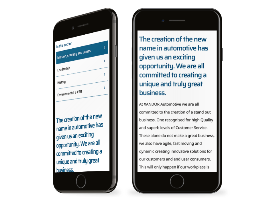 An example of high-end website design for a manufacturing company visualised on a mobile device
