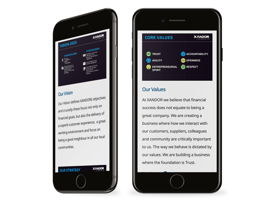 An example of high-end website design for a manufacturing company visualised on a mobile device