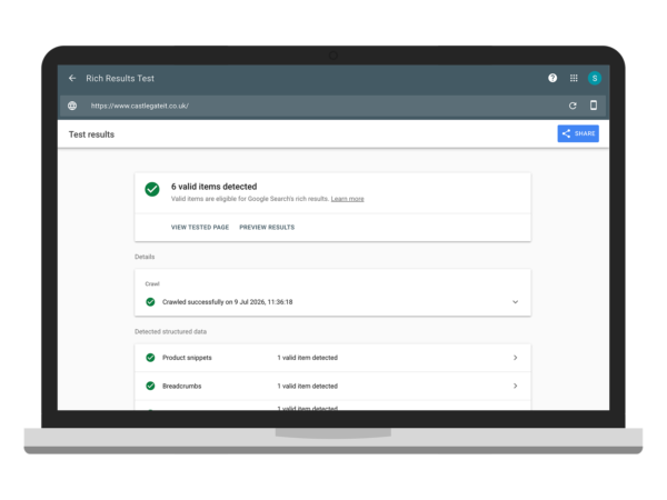 Google Rich Results Test showing valid structured data detected on a webpage