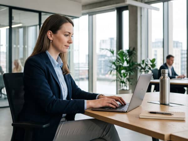 a lady using a laptop device in an office environment